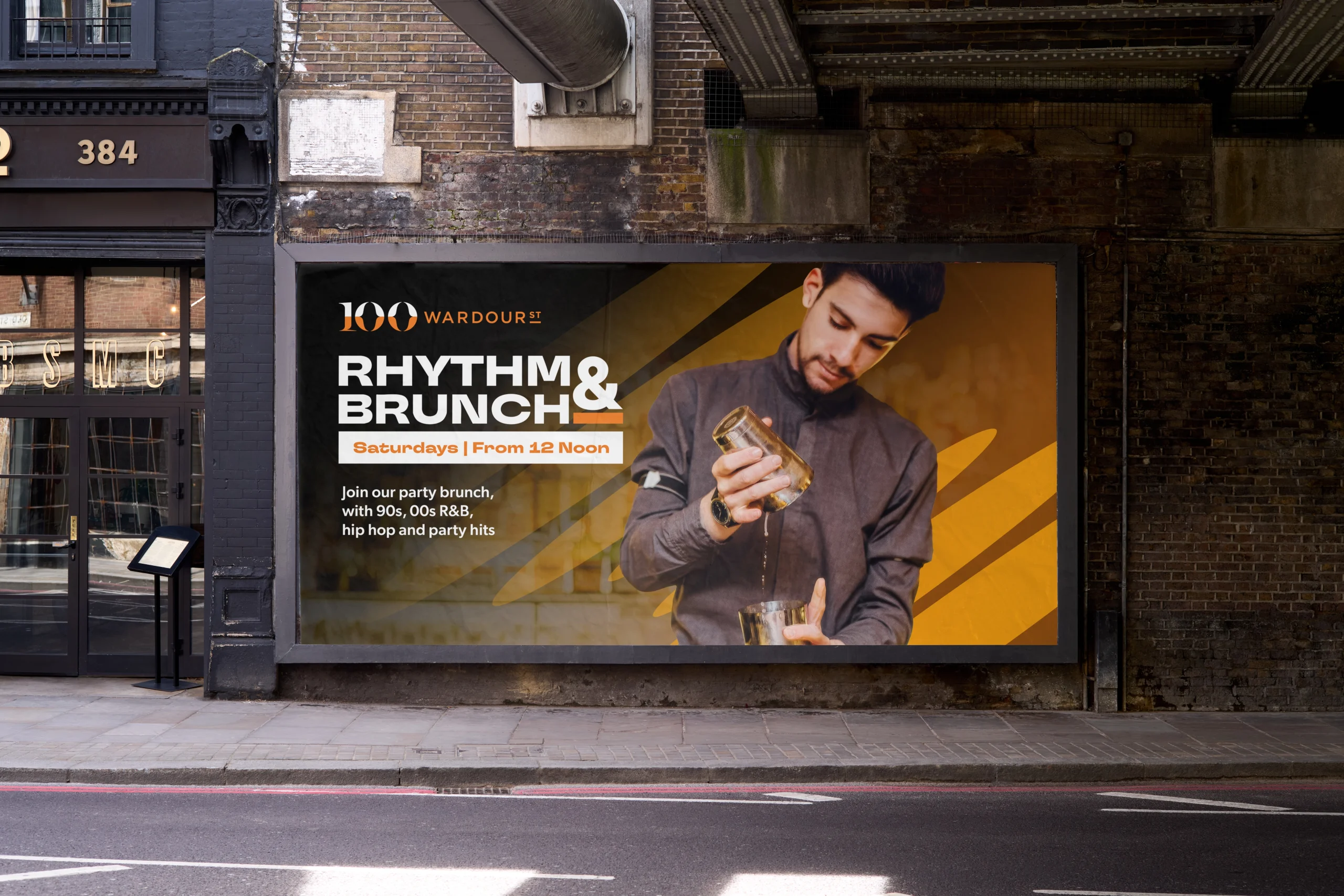 Billboard with ad for Rythm and Brunch at 100 Wardour Street