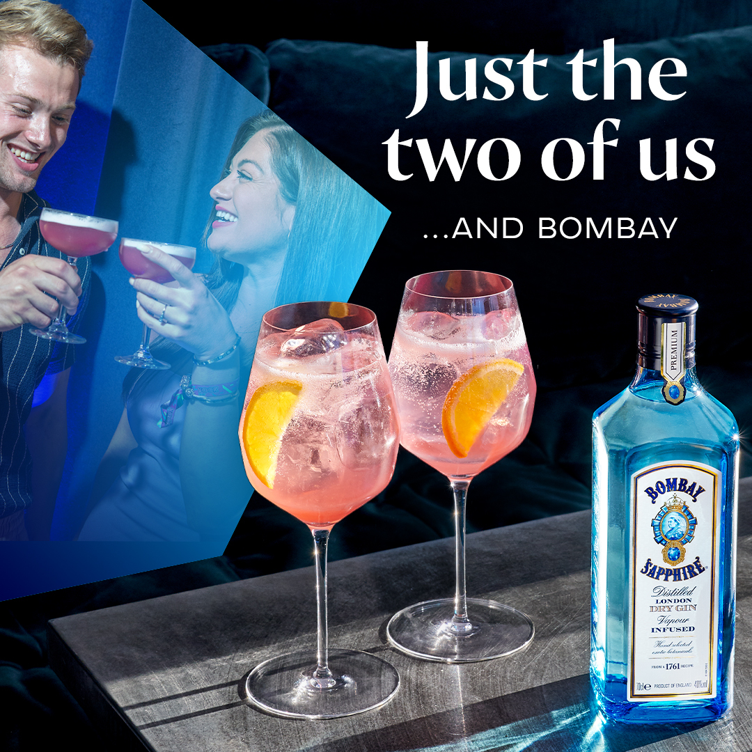 Bombay Sapphire Distillery social post showing a couple and two glasses and gin