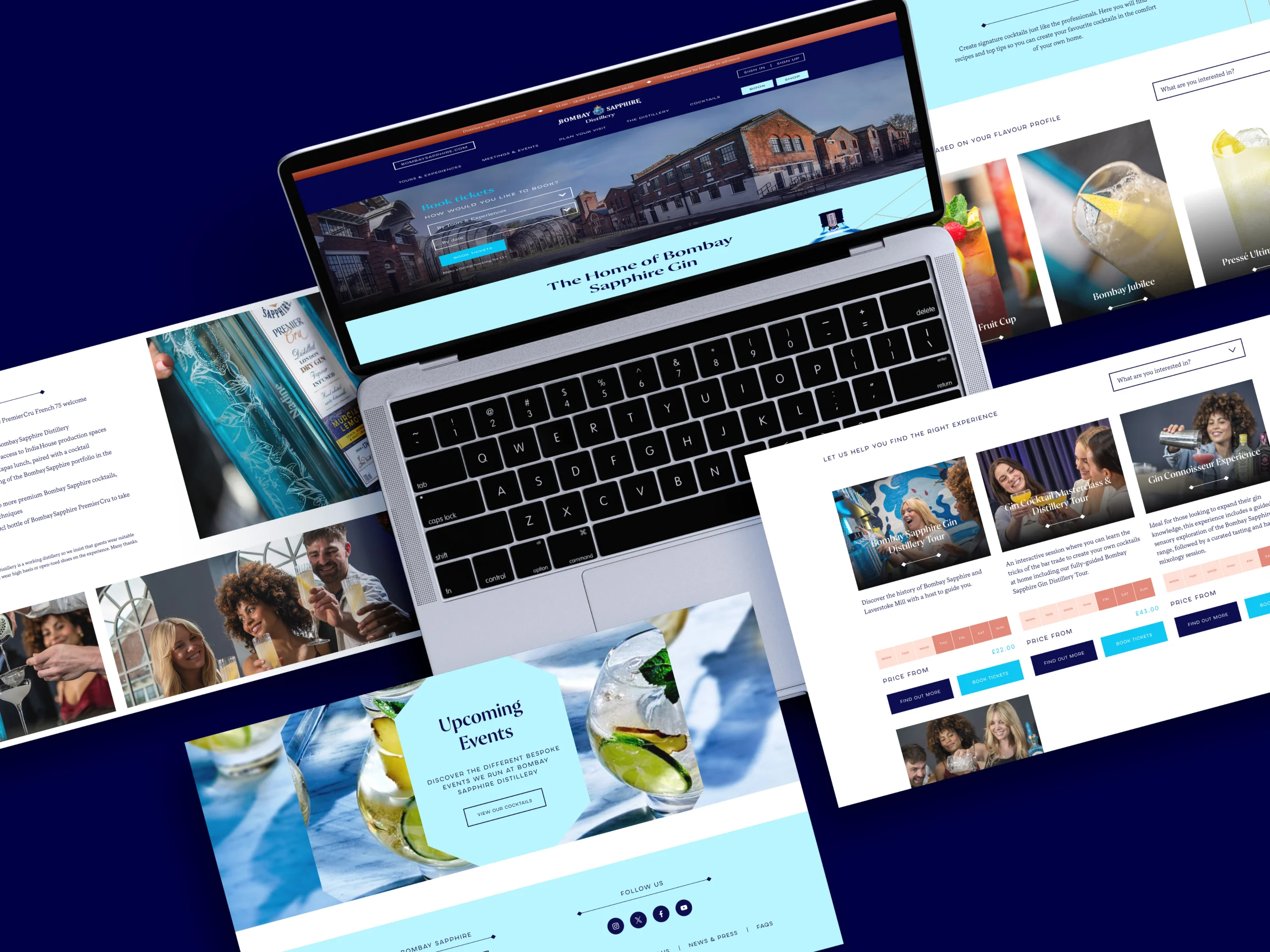 Laptop and screens showing the new Bombay Sapphire Distillery website