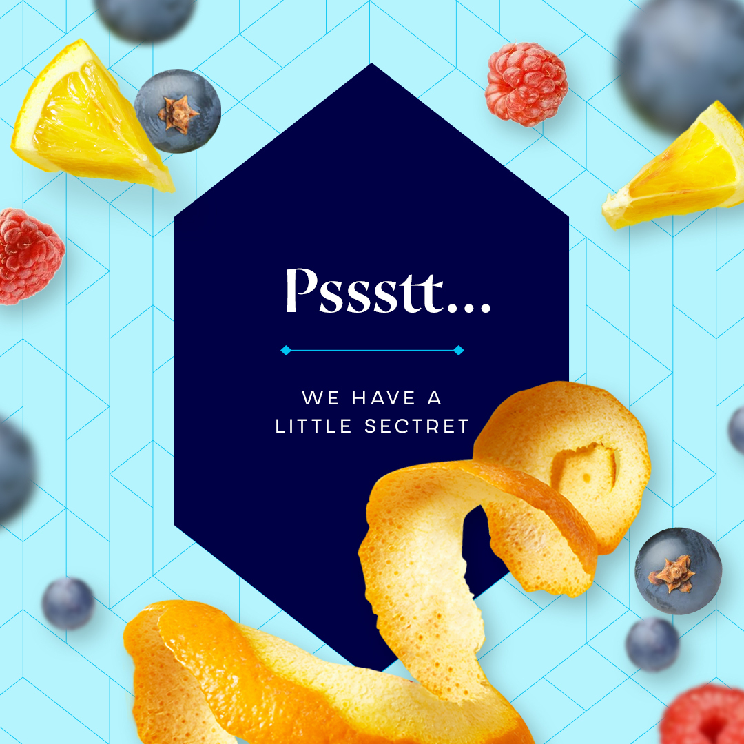Bombay Sapphire Distillery social post showing fruit and 'psst we have a little secret'