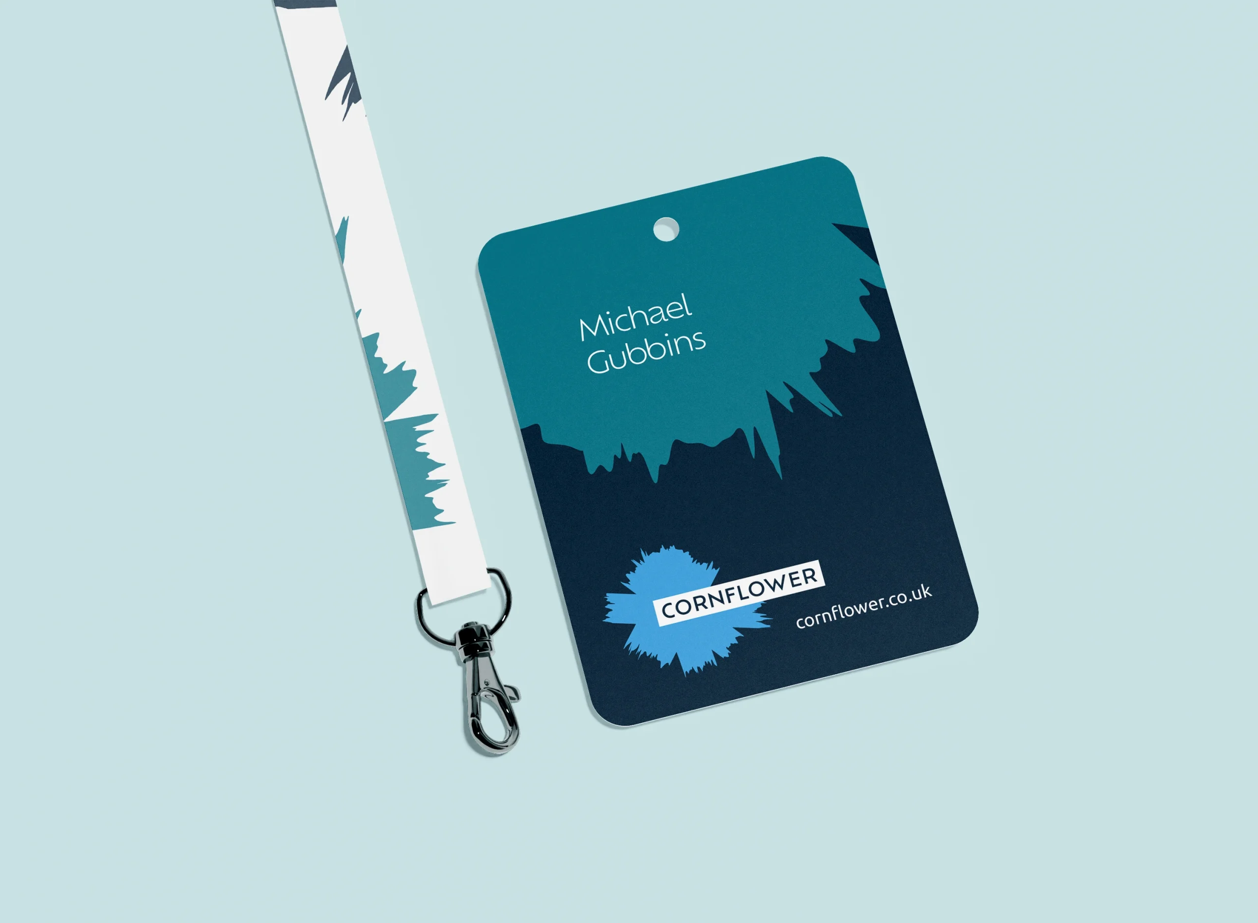 Cornflower staff badge and lanyard