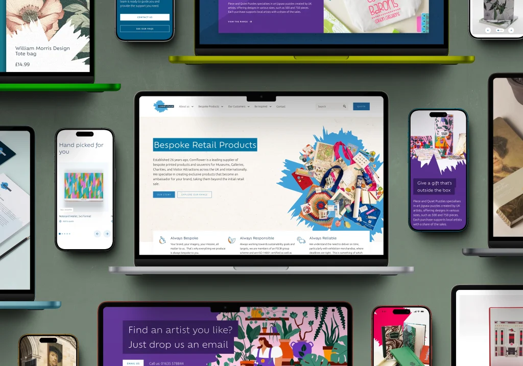 Mobile and desktop computers showing pages on the Cornflower website