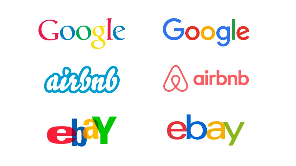 Old and new versions of Google, Airbnb and Ebay logos