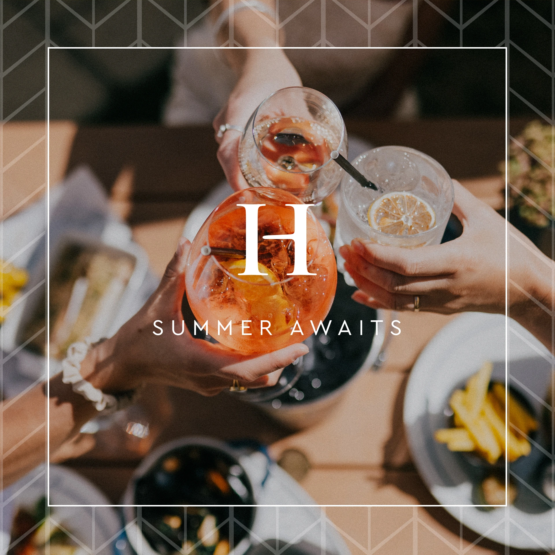 Harbour Hotels 'Summer Awaits' whole text over a photo of people holding drinks