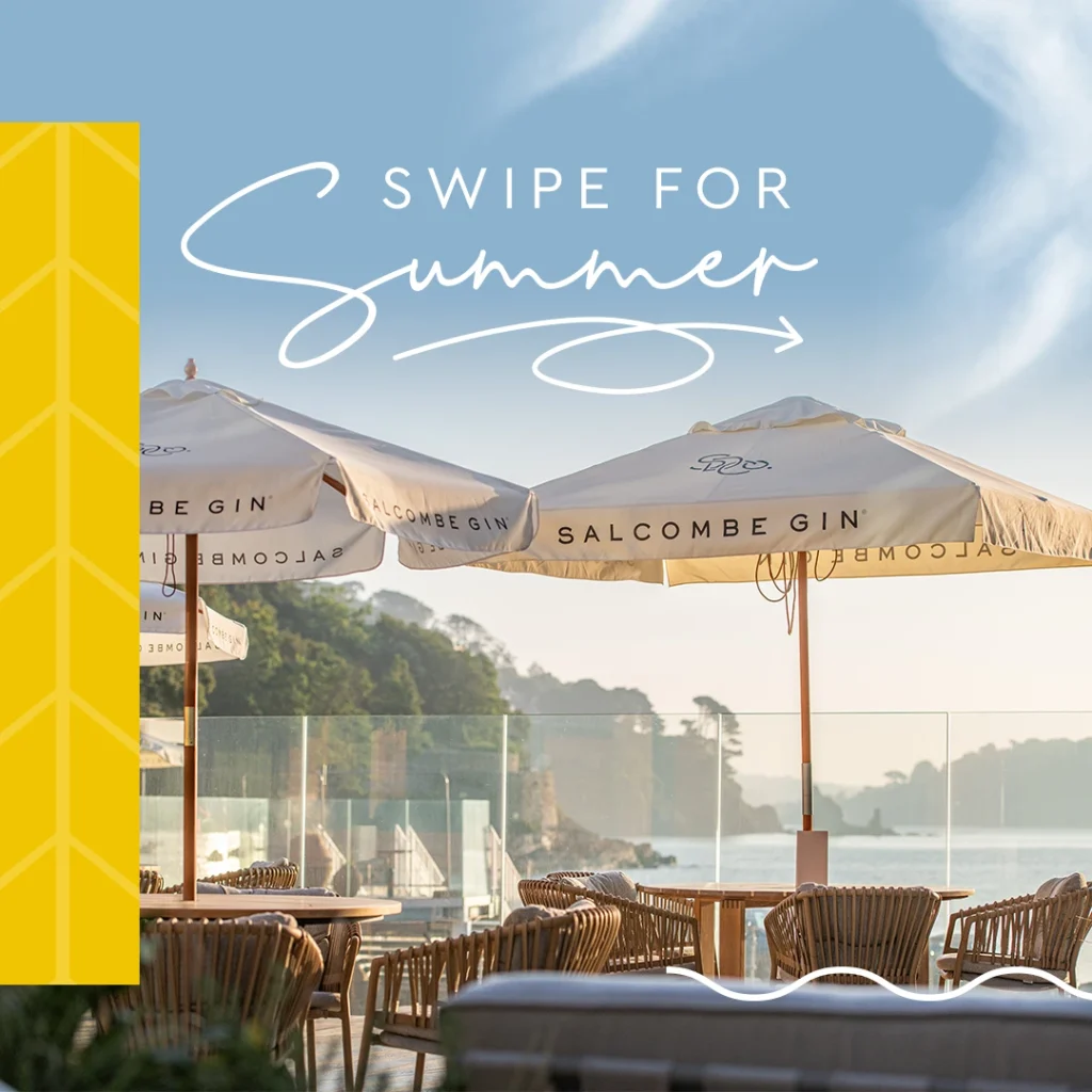 Harbour Hotels social media post showing outdoor seating and umbrella