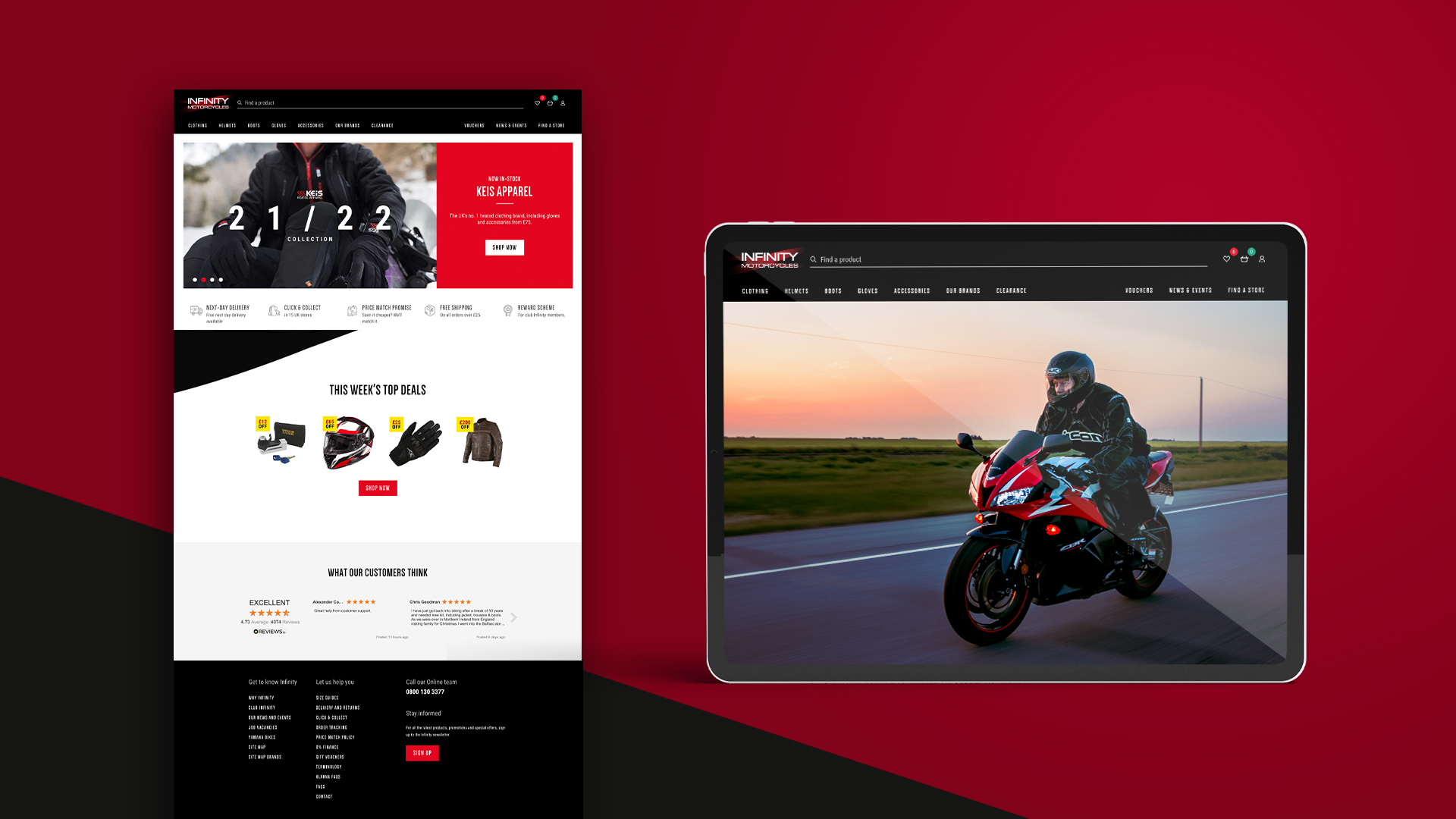 Tablet screen showing Infinity Motorcycles website