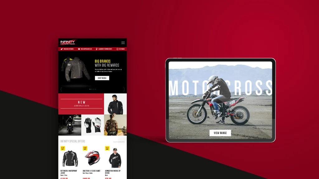 Tablet showing Infinity Motorcycles website