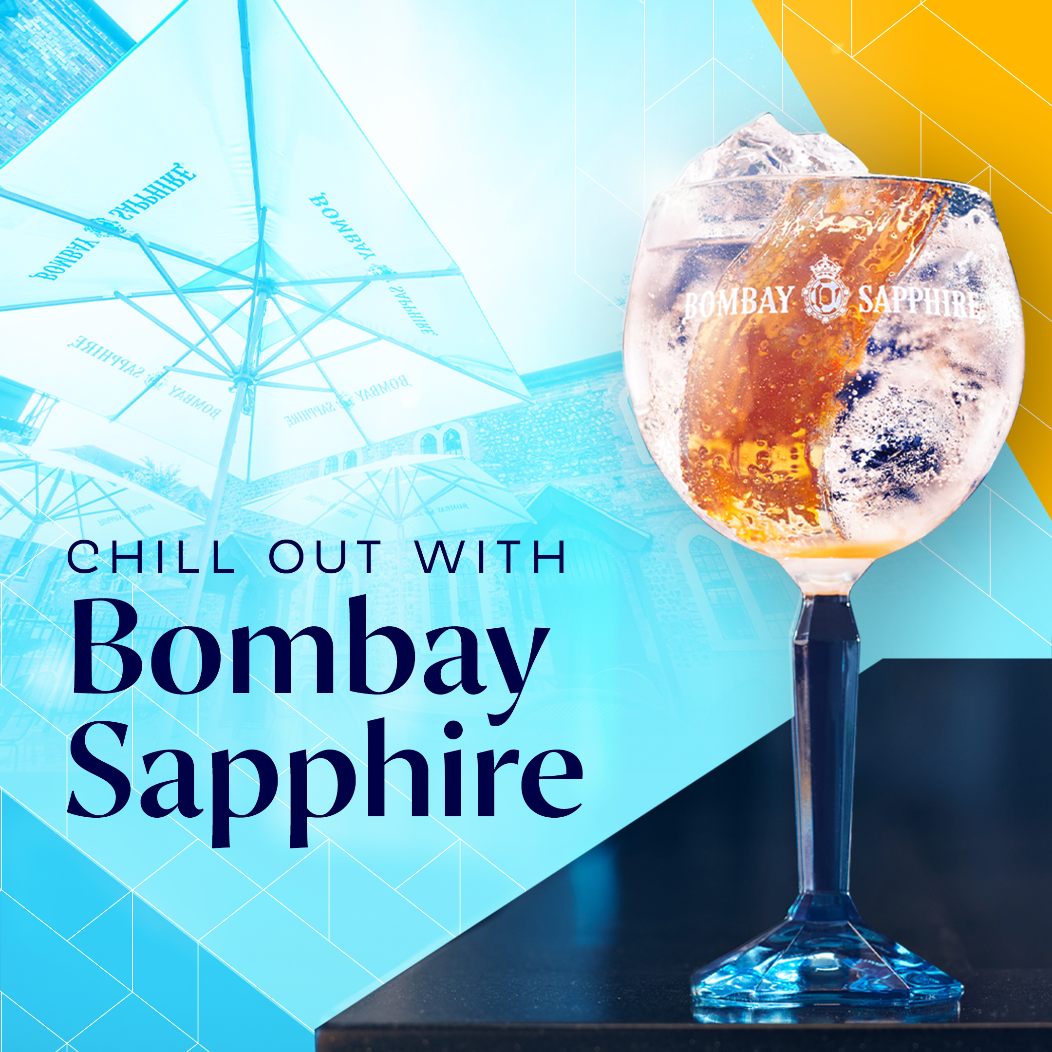 Bombay Sapphire Distillery social post showing a glass of gin