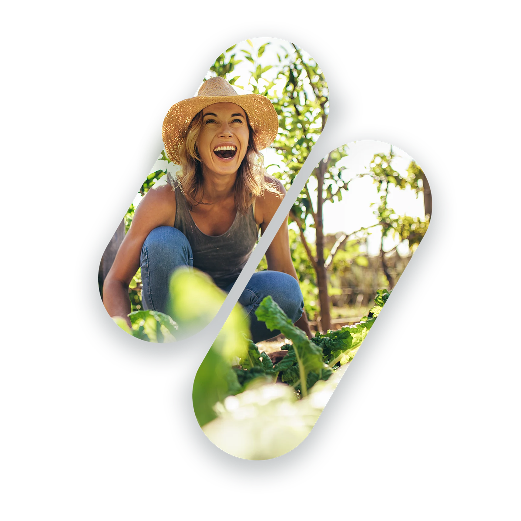 Woman smiling in new DX pill-shaped brand element